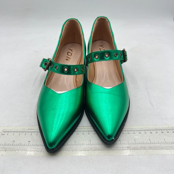 YDN Green Pointed Toe Mary Jane Chunky Heels Pumps Loafers Hollow Buckle Shoes - Picture 3 of 8